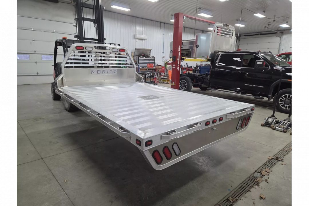 New Moritz International TBA8-114 DRW 84'' CA DRW ALUMINUM Flatbed w/Trap Door and Gooseneck Hitch Plate