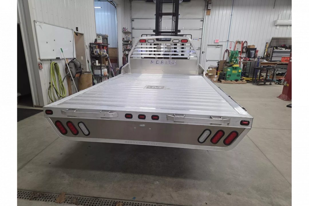 New Moritz International TBA8-114 DRW 84'' CA DRW ALUMINUM Flatbed w/Trap Door and Gooseneck Hitch Plate