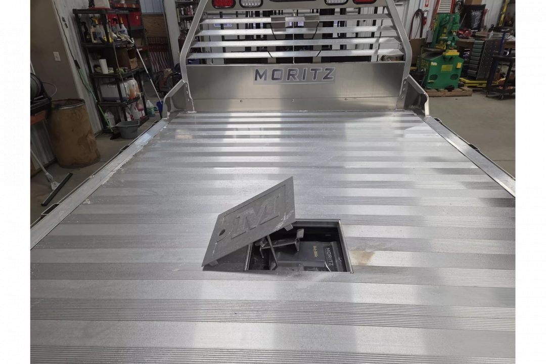 New Moritz International TBA8-114 DRW 84'' CA DRW ALUMINUM Flatbed w/Trap Door and Gooseneck Hitch Plate