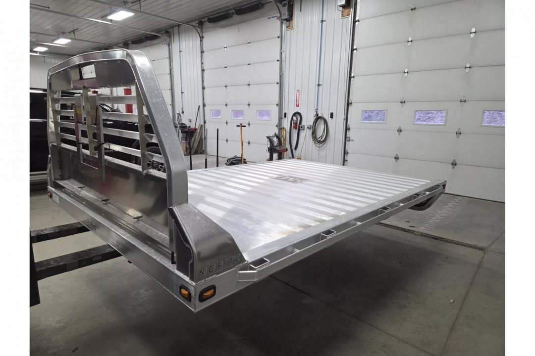 New Moritz International TBA8-114 DRW 84'' CA DRW ALUMINUM Flatbed w/Trap Door and Gooseneck Hitch Plate