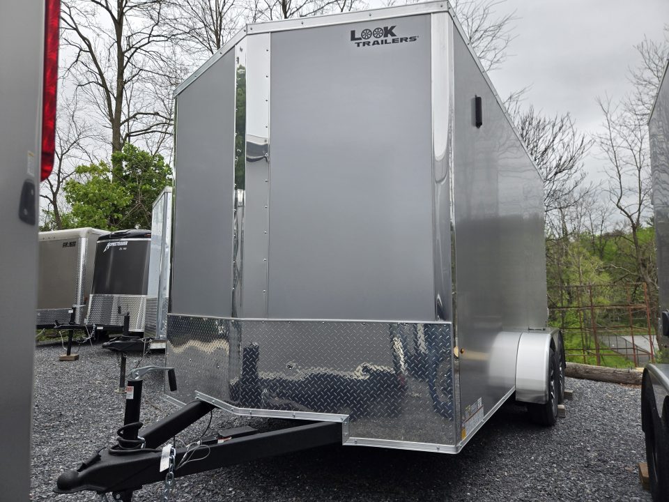 New 7 x 14 Look ST DLX V-Nose Cargo Trailer, 7k GVWR ***Silver PolyCor Composite Exterior, Ramp Door, Alum Wheels