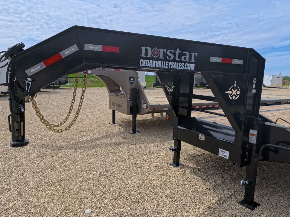 New 2026 Norstar 102 x 34 FXG Gooseneck Deckover with 2)10K Spring Axles, 2) Elec. Brakes, 5' Self Cleaning Dove Tail w/ Rampage Ramps and Matching Spare Tire