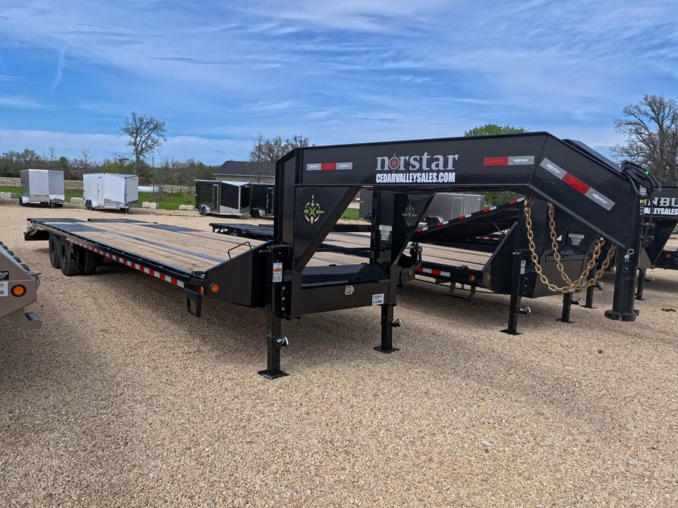 New 2026 Norstar 102 x 34 FXG Gooseneck Deckover with 2)10K Spring Axles, 2) Elec. Brakes, 5' Self Cleaning Dove Tail w/ Rampage Ramps and Matching Spare Tire