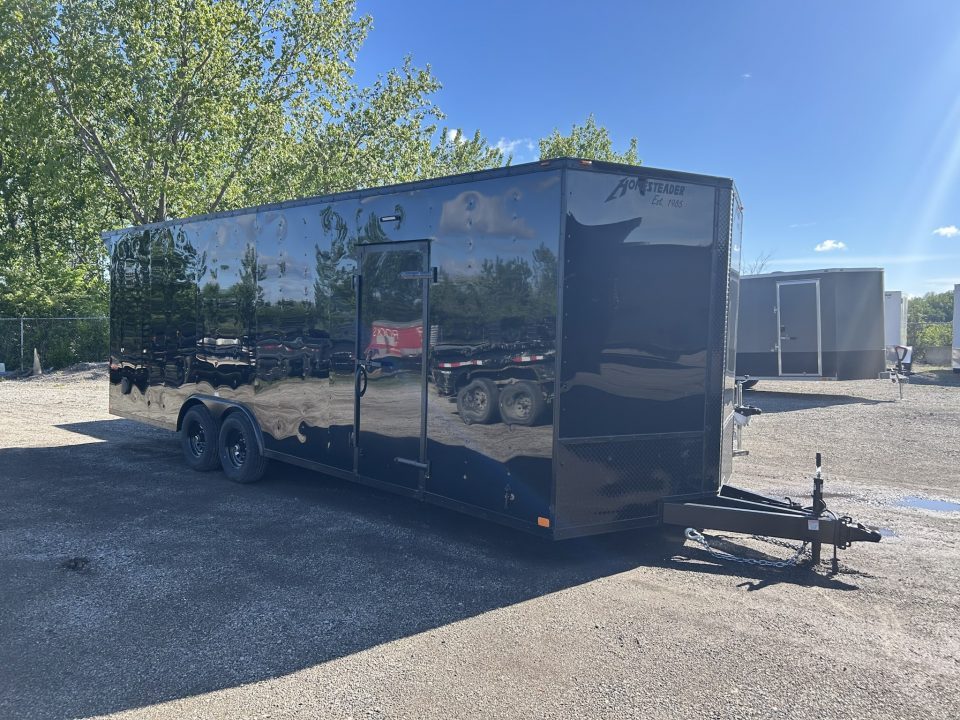 New 2026 Homesteader Trailer 24 FT ENCLOSED CAR HAULER 7 INT HT BLACK WITH BLACK OUT TRIM REAR SPOILER 10K GVWR