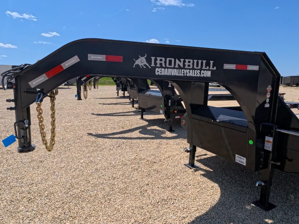 New 2026 Iron Bull 102 x 32 FLG Gooseneck Deckover, 5' Self Cleaning Dove Tail w/Rampage Ramps, 10K Axles -23,900 lb. GVWR, ST235/80R 16 LRE 10 ply tires with Spare