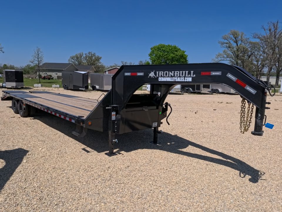 New 2026 Iron Bull 102 x 32 FLG Gooseneck Deckover, 5' Self Cleaning Dove Tail w/Rampage Ramps, 10K Axles -23,900 lb. GVWR, ST235/80R 16 LRE 10 ply tires with Spare