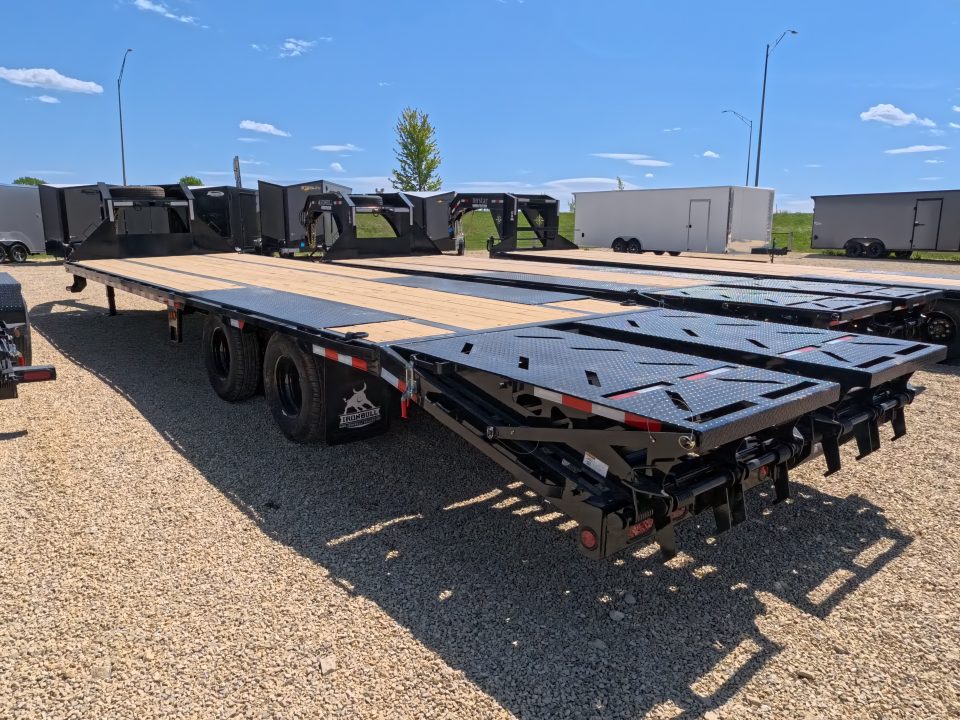 New 2026 Iron Bull 102 x 32 FLG Gooseneck Deckover, 5' Self Cleaning Dove Tail w/Rampage Ramps, 10K Axles -23,900 lb. GVWR, ST235/80R 16 LRE 10 ply tires with Spare