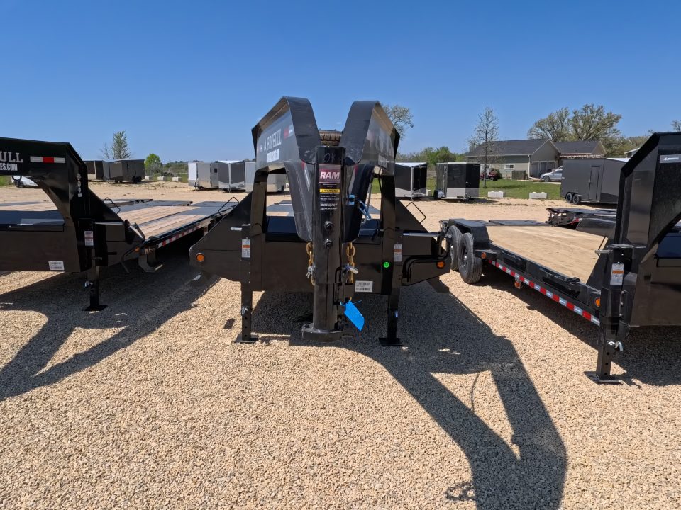 New 2026 Iron Bull 102 x 32 FLG Gooseneck Deckover, 5' Self Cleaning Dove Tail w/Rampage Ramps, 10K Axles -23,900 lb. GVWR, ST235/80R 16 LRE 10 ply tires with Spare