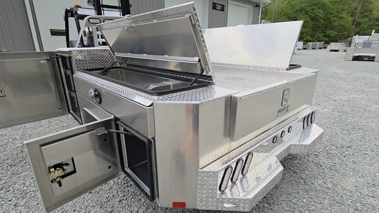 New Martin Truck Bodies Aluminum Gooseneck Service Body DRW 60" CA Cab and Chassis Diamond Tread. LIGHTED COMPARTMENTS
