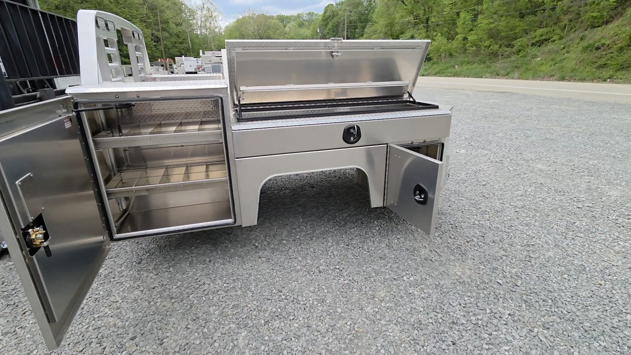 New Martin Truck Bodies Aluminum Gooseneck Service Body DRW 60" CA Cab and Chassis Diamond Tread. LIGHTED COMPARTMENTS
