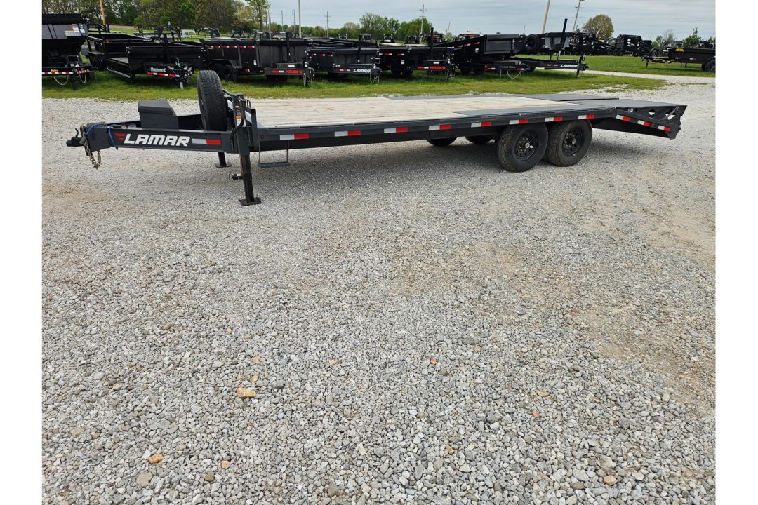 Used 2023 Lamar 102X22 TANDEM 14K DECKOVER W/ TONGUE TOOLBOX SPARE & MAX RAMPS