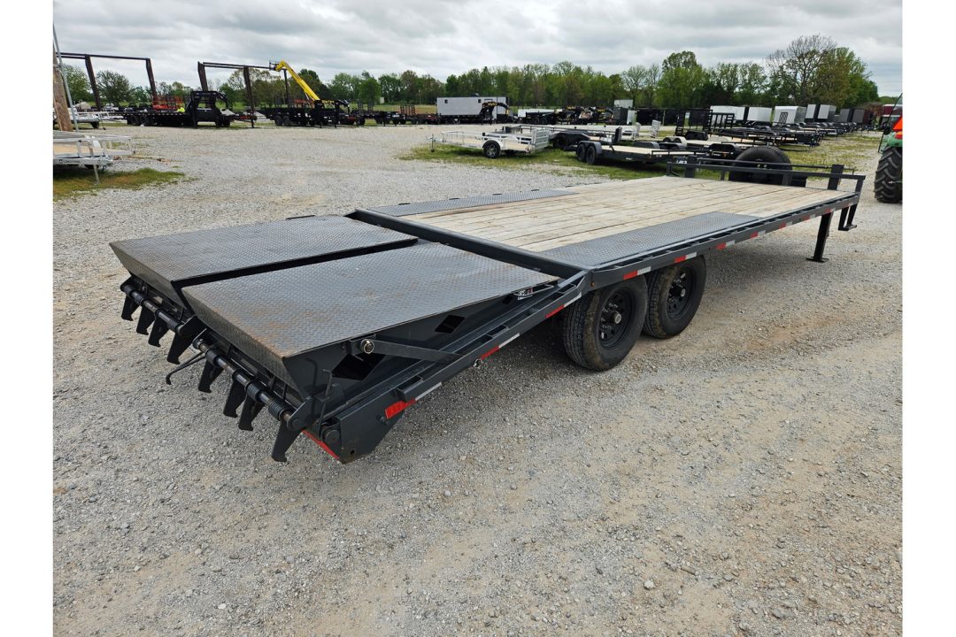 Used 2023 Lamar 102X22 TANDEM 14K DECKOVER W/ TONGUE TOOLBOX SPARE & MAX RAMPS