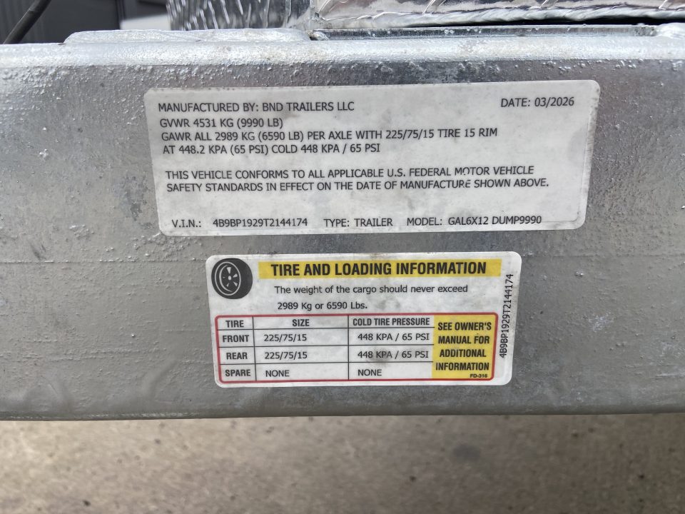 New BND GAL 6X12 Dump Trailer