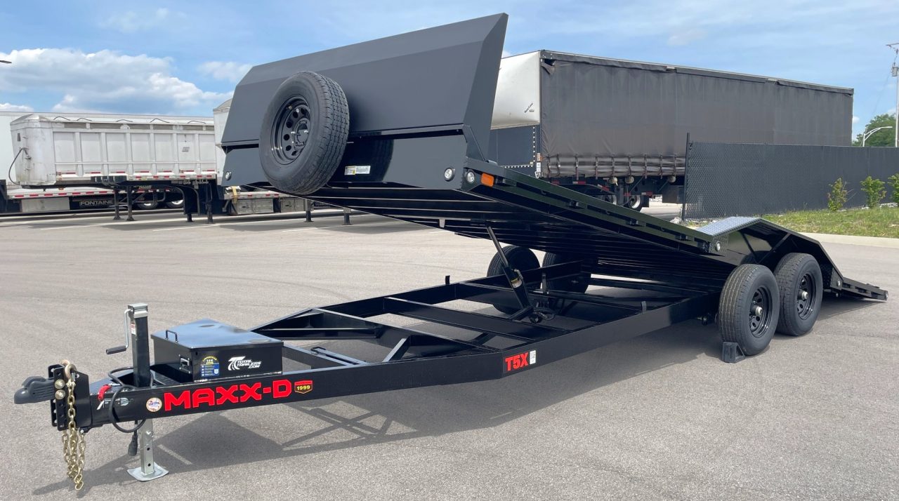 New MAXX-D 22' x 102" T5X Power Tilt Car Hauler Trailer: 9,990 GVWR, Stone Guard, Driver-Over Fenders, Spare Car Hauler