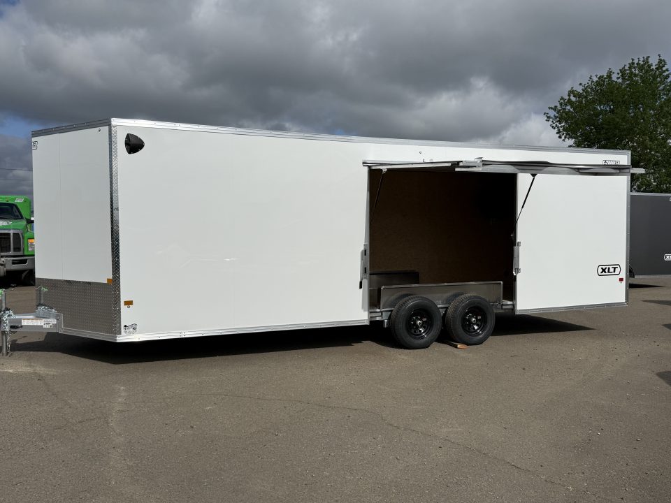 New 2026 ALCOM 8.5x24' EZ Hauler Enclosed Car Hauler XLT Pro Series, White, Side Door:Curbside Front, 3" Addt'l Box Height
