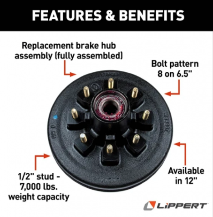 New 2025 NTI 12" Brake Hub Assembly 8-6.5 BC; 1/2" stud; 7000# (Retail Box)