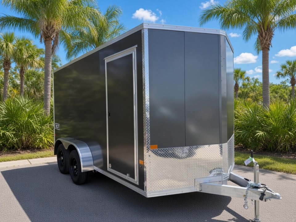 New 2026 ALCOM 7 X 14 Aluminum Charcoal Enclosed XLT Trailer with 6" Extra Height