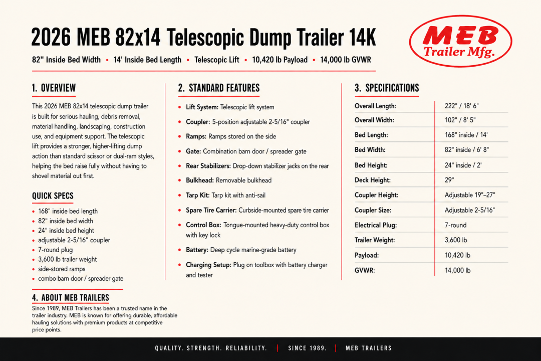 New 2026 MEB 82x14 Telescopic Dump Trailer 14K