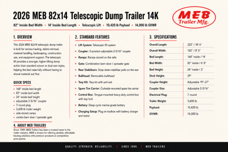 New 2026 MEB 82x14 Telescopic Dump Trailer 14K