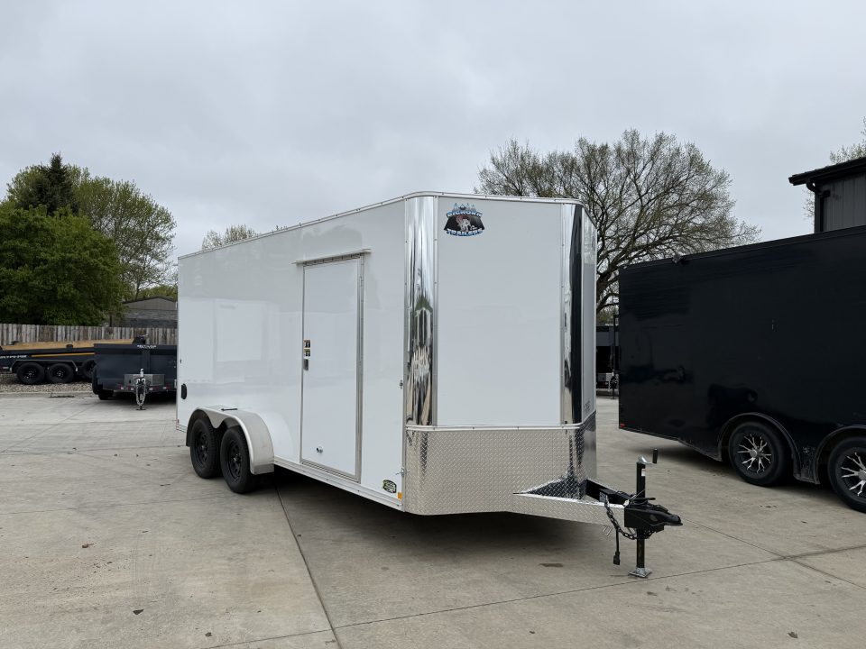 Used LIKE NEW 2022 Bighorn R&M 7x16 + 2’V Nose 7' TALL SUPERIOR QUALITY Rear Ramp Enclosed Cargo Trailer