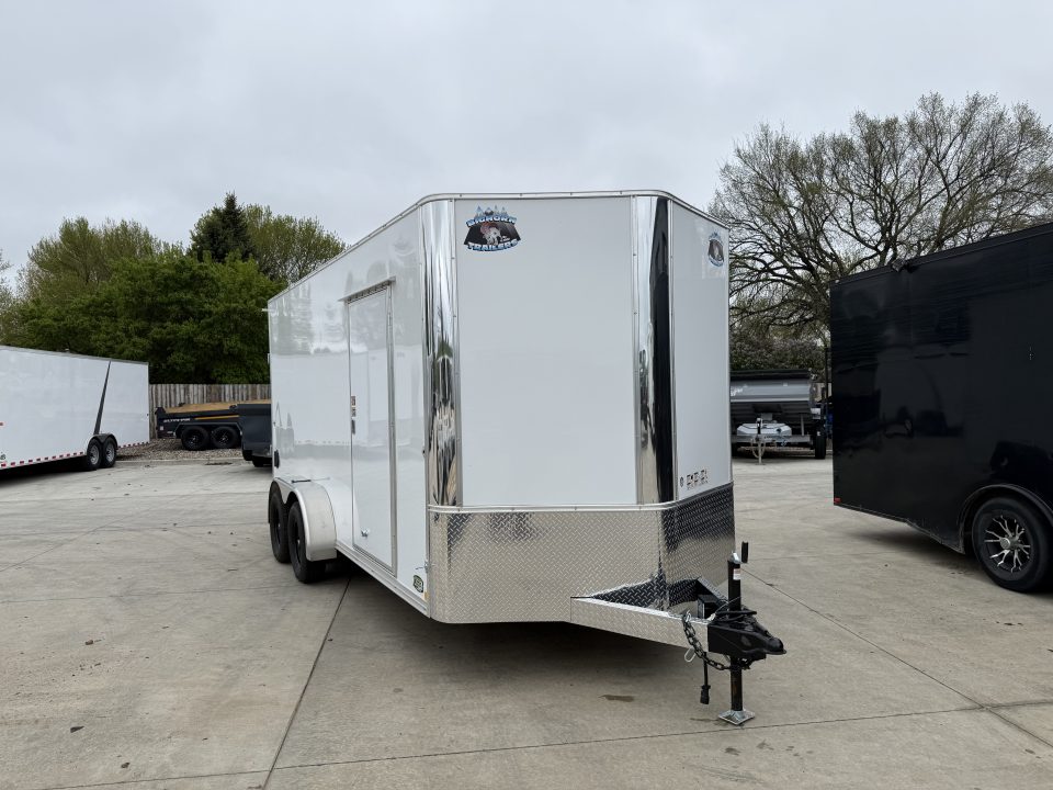 Used LIKE NEW 2022 Bighorn R&M 7x16 + 2’V Nose 7' TALL SUPERIOR QUALITY Rear Ramp Enclosed Cargo Trailer