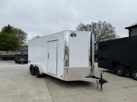 Used LIKE NEW 2022 Bighorn R&M 7x16 + 2’V Nose 7' TALL SUPERIOR QUALITY Rear Ramp Enclosed Cargo Trailer