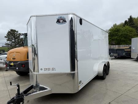 Used LIKE NEW 2022 Bighorn R&M 7x16 + 2’V Nose 7' TALL SUPERIOR QUALITY Rear Ramp Enclosed Cargo Trailer
