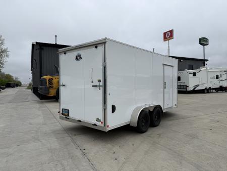 Used LIKE NEW 2022 Bighorn R&M 7x16 + 2’V Nose 7' TALL SUPERIOR QUALITY Rear Ramp Enclosed Cargo Trailer