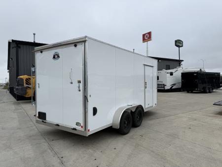 Used LIKE NEW 2022 Bighorn R&M 7x16 + 2’V Nose 7' TALL SUPERIOR QUALITY Rear Ramp Enclosed Cargo Trailer