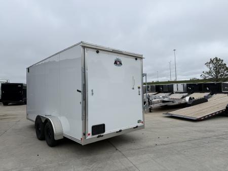 Used LIKE NEW 2022 Bighorn R&M 7x16 + 2’V Nose 7' TALL SUPERIOR QUALITY Rear Ramp Enclosed Cargo Trailer
