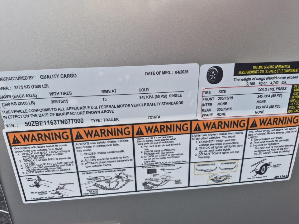 New 2026 Quality Cargo 7x16 Enclosed Silver Cargo Trailer with D-Rings & 7000 GVWR