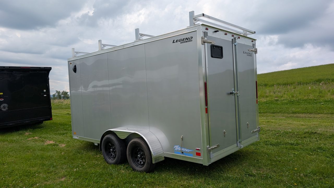 New 2026 Legend 7x14 + 2' V Thunder Aluminum Contractor Cargo Trailer w/ Barn Doors & Ladder Racks
