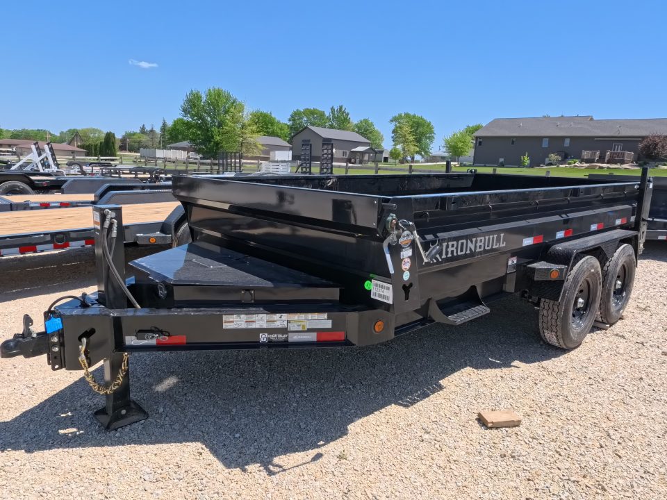 New 2026 Iron Bull 83 x 14 DWB Legendary Reserve Model 14K GVWR, 14 ply Tires, Hydraulic Jack, Scissor Hoist, Aluminum Ramps, Matching Spare, Rear Supports and Solar Charger, Black Dump Trailer