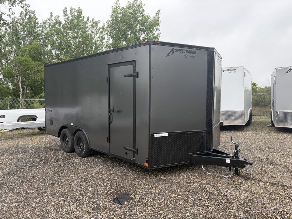 New 2026 Homesteader Trailer 8.5 x 16 FT ENCLOSED 6.5 FT INT HEIGHT RAMP DOOR BLACK OUT PACKAGE