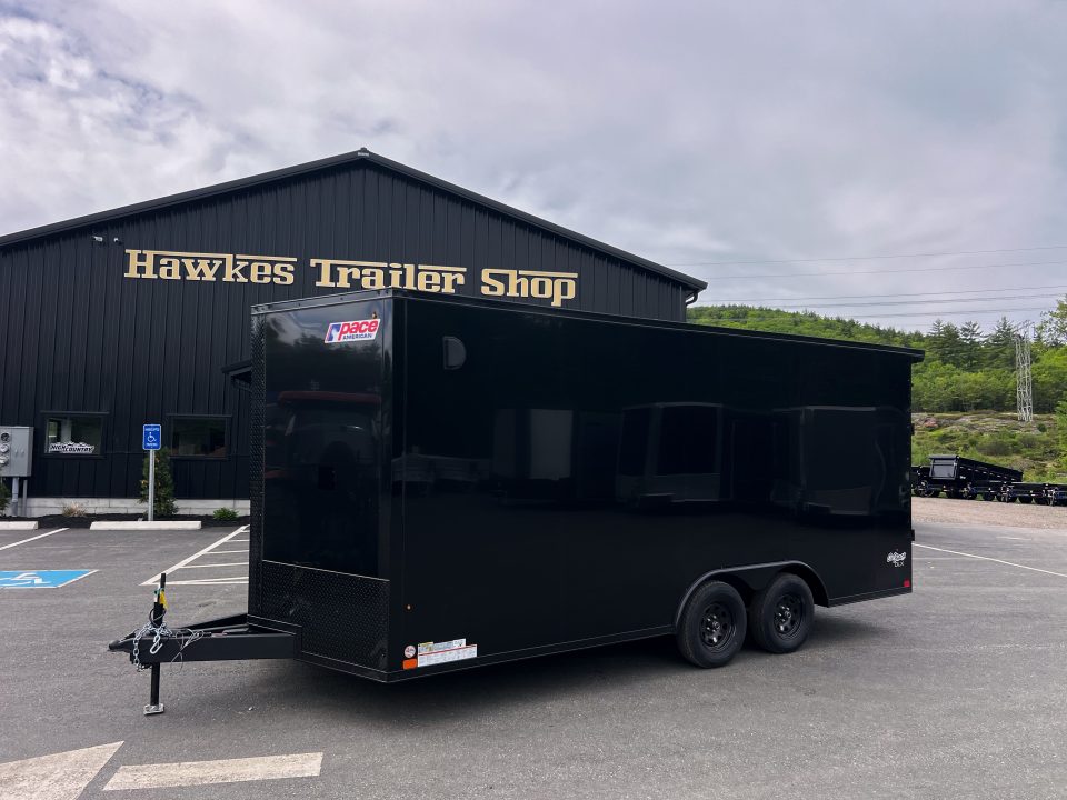 New 2026 Pace American 8.5x18 + 2ft V nose/ Rear Spoiler/ Polycore / 7' Int./ Blackout - 7000GVW
