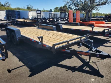 New 2026 Down 2 Earth Trailers 7X16 TANDEM AXLE 7000 LB GVWR WOOD DECK CAR HAULER WITH SLIDE IN RAMPS