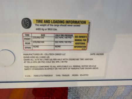 New #002610 2026 CELL TECH TA5 8.5 X 20 TANDEM AXLE ALL STEEL ENCLOSED 14K W/ REAR RAMP DOOR