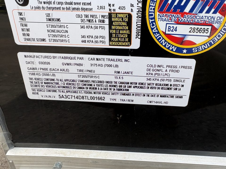 New 2026 Car Mate Trailers 7x14 7' Interior Avalanche Cargo / Enclosed Trailer with Rear Ramp Door