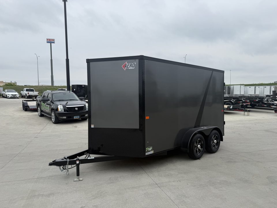 New NEW 2026 AERO 7x12 +2 V ALUMINUM Wheels, WHITE Interior, BLACKOUT Edition, QUALITY Enclosed Rear Ramp Cargo Trailer