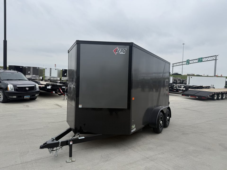 New NEW 2026 AERO 7x12 +2 V ALUMINUM Wheels, WHITE Interior, BLACKOUT Edition, QUALITY Enclosed Rear Ramp Cargo Trailer