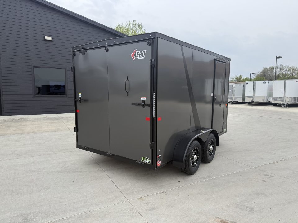 New NEW 2026 AERO 7x12 +2 V ALUMINUM Wheels, WHITE Interior, BLACKOUT Edition, QUALITY Enclosed Rear Ramp Cargo Trailer
