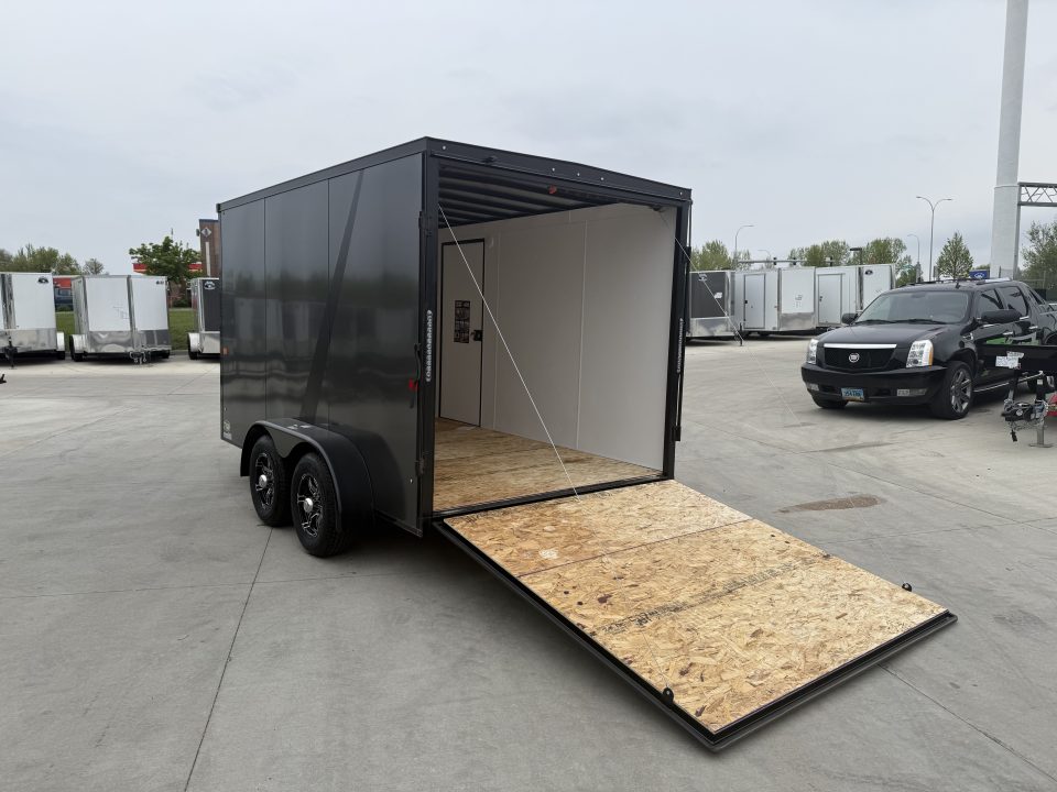 New NEW 2026 AERO 7x12 +2 V ALUMINUM Wheels, WHITE Interior, BLACKOUT Edition, QUALITY Enclosed Rear Ramp Cargo Trailer