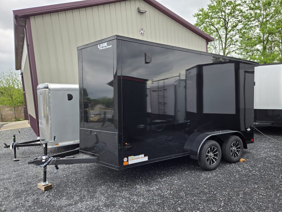 New 7 x 14 Look ST DLX V-Nose Cargo Trailer, 7k GVWR ***Black Composite w/Black Out Pkg, Ramp Door, Alum Wheels, 16" OC Walls, D-Rings, Rear Flare w/ Lights