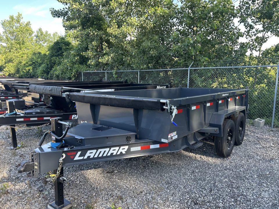 New 2026 Lamar Trailers 7 X 14 FT LOW PRO DUMP TRAILER W/ TARP KIT RAMPS 14 PLY TIRES 14K GVWR