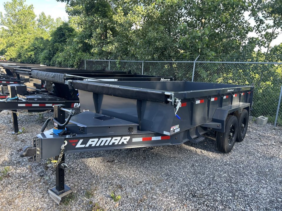New 2026 Lamar Trailers 7 X 14 FT LOW PRO DUMP TRAILER W/ TARP KIT RAMPS 14 PLY TIRES 14K GVWR