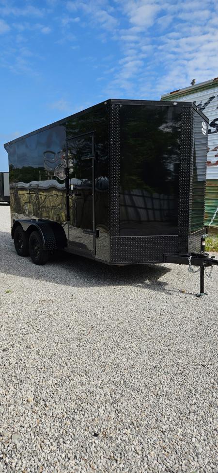 New 2026 Family Trailer 7x14 Tandem Axles Cargo / Enclosed Trailer- Screwless Exterior- Blackout Pkg- Rear Spoiler- HD Axles