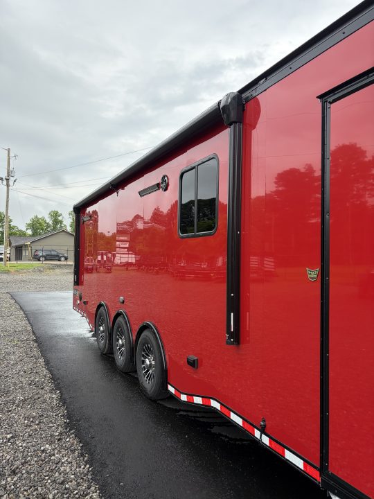 New 2026 Haulmark 34 Bathoom Race Trailer, Sliding Rear Glass Doors, Air Prep PKG, Awning, 2 A/C, Polycor, Insulated, Window, 54" ALX Slide Out Step, A/C + Heat