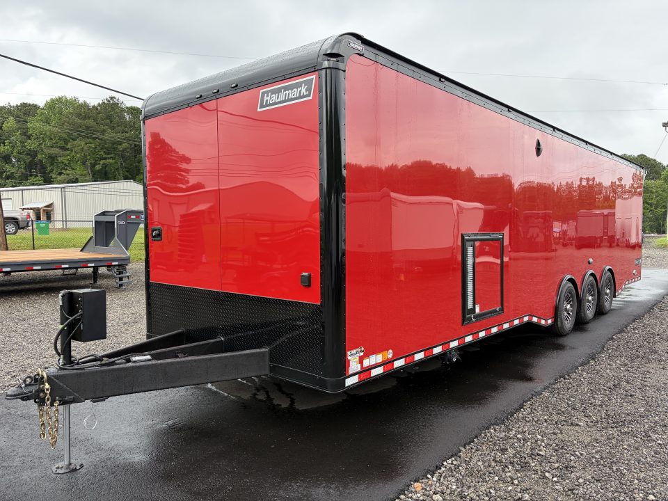 New 2026 Haulmark 34 Bathoom Race Trailer, Sliding Rear Glass Doors, Air Prep PKG, Awning, 2 A/C, Polycor, Insulated, Window, 54" ALX Slide Out Step, A/C + Heat