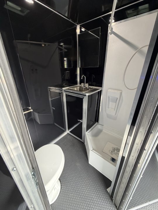 New 2026 Haulmark 34 Bathoom Race Trailer, Sliding Rear Glass Doors, Air Prep PKG, Awning, 2 A/C, Polycor, Insulated, Window, 54" ALX Slide Out Step, A/C + Heat