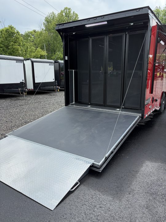 New 2026 Haulmark 34 Bathoom Race Trailer, Sliding Rear Glass Doors, Air Prep PKG, Awning, 2 A/C, Polycor, Insulated, Window, 54" ALX Slide Out Step, A/C + Heat